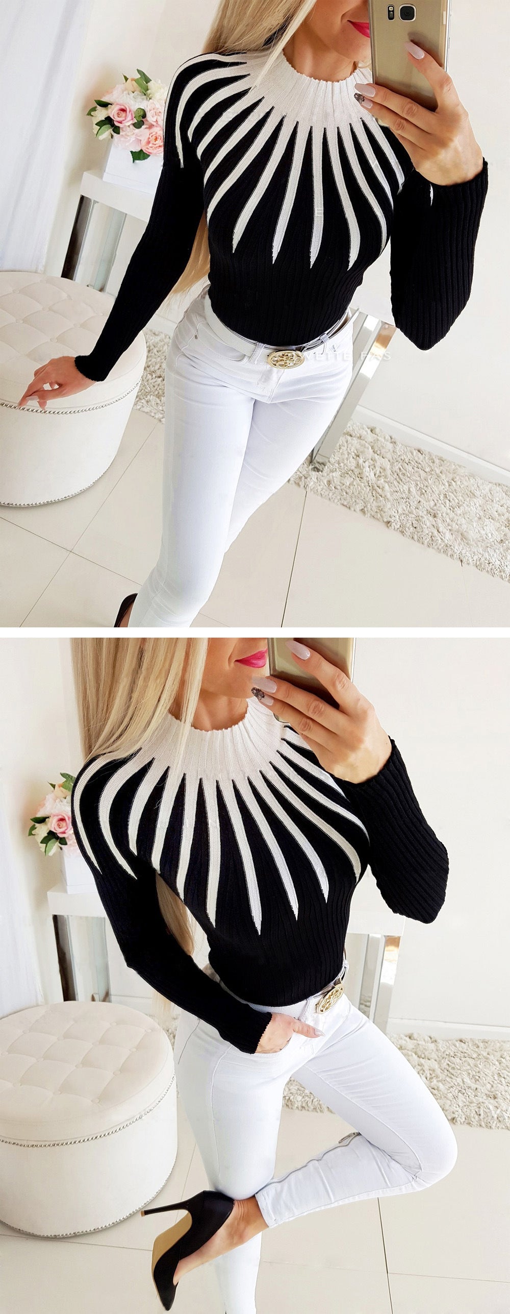 Striped Turtleneck Sweater - Bodycon Knit Style