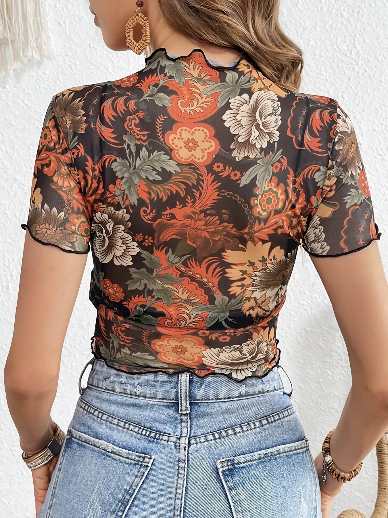 Floral Mesh Crop Top with Lettuce Trim - Sheer Feminine Top - Fashions Envy