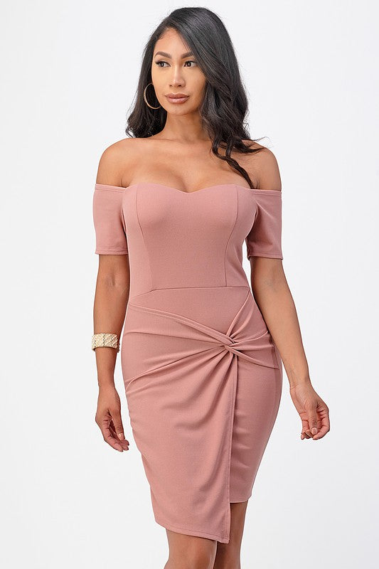 Off The Shoulder Sleeveless Front Twist Bodycon Mini Dress