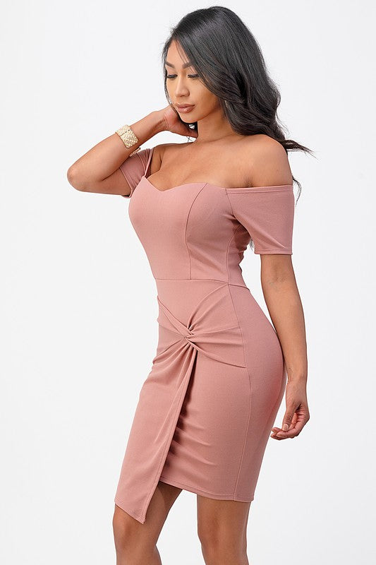 Off The Shoulder Sleeveless Front Twist Bodycon Mini Dress