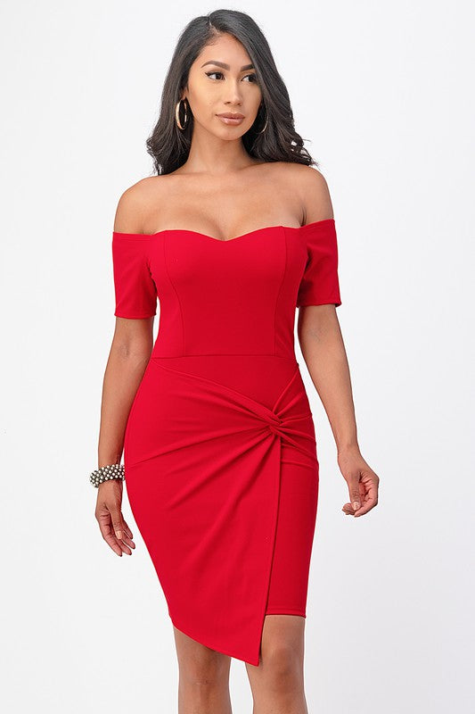 Off The Shoulder Sleeveless Front Twist Bodycon Mini Dress