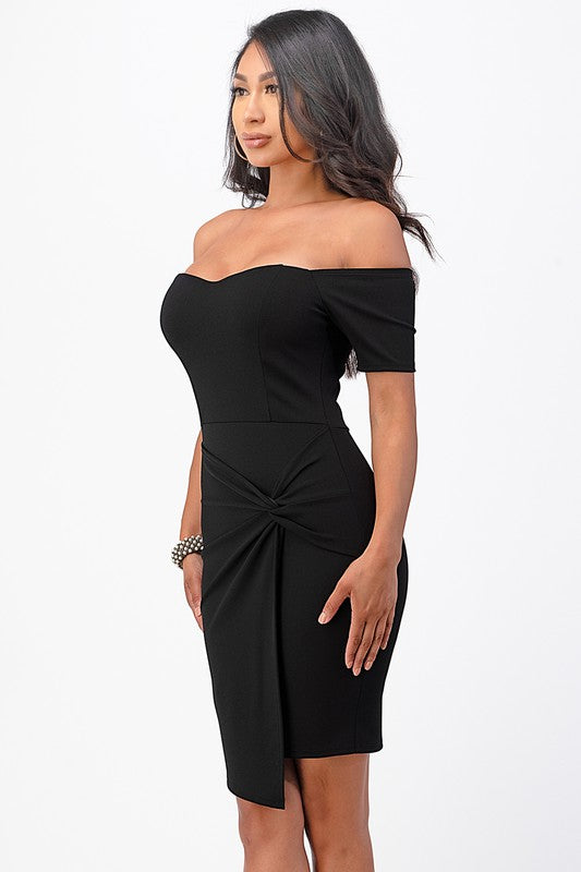 Off The Shoulder Sleeveless Front Twist Bodycon Mini Dress