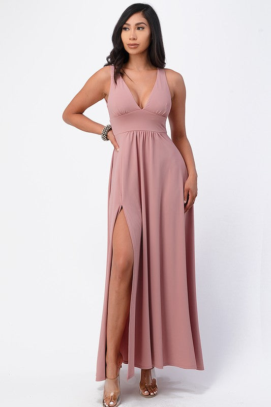 Dull Tricot Deep-V Neck A line Maxi Dress