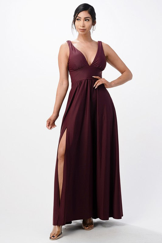 Dull Tricot Deep-V Neck A line Maxi Dress