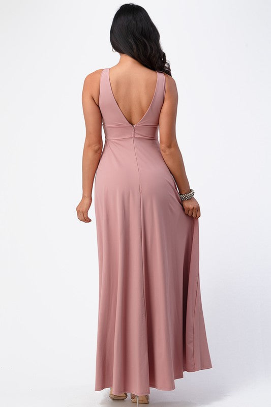 Dull Tricot Deep-V Neck A line Maxi Dress