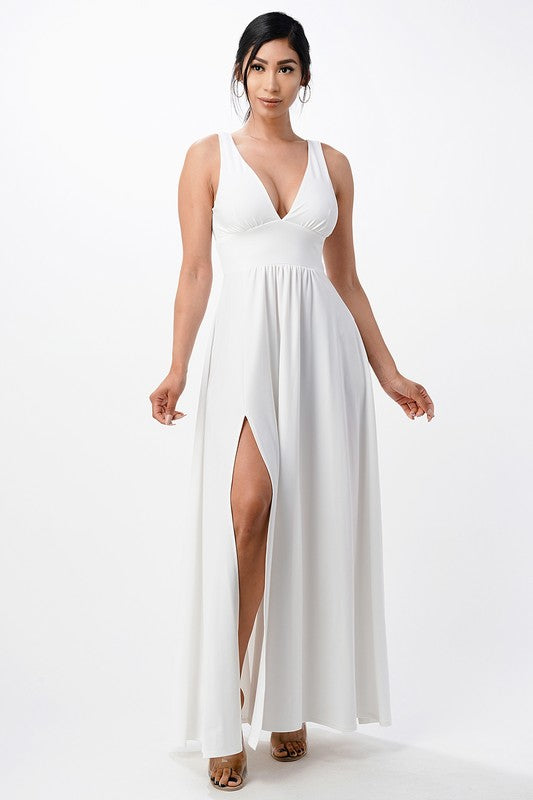 Dull Tricot Deep-V Neck A line Maxi Dress