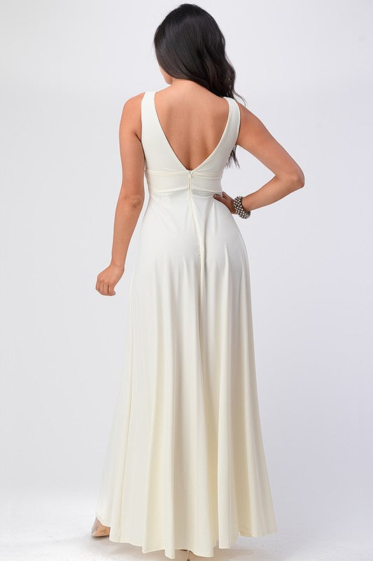 Dull Tricot Deep-V Neck A line Maxi Dress