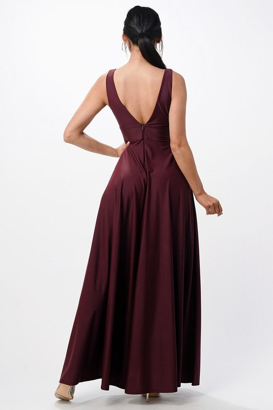 Dull Tricot Deep-V Neck A line Maxi Dress