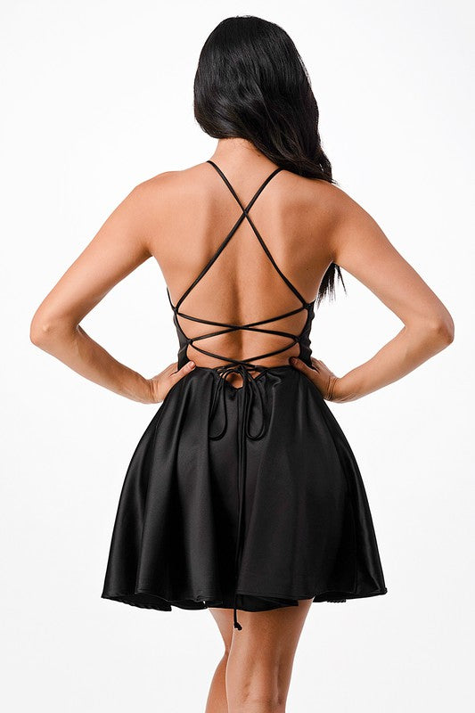 Sleeveless Lace-Up Fit & Flare Party Mini Dress