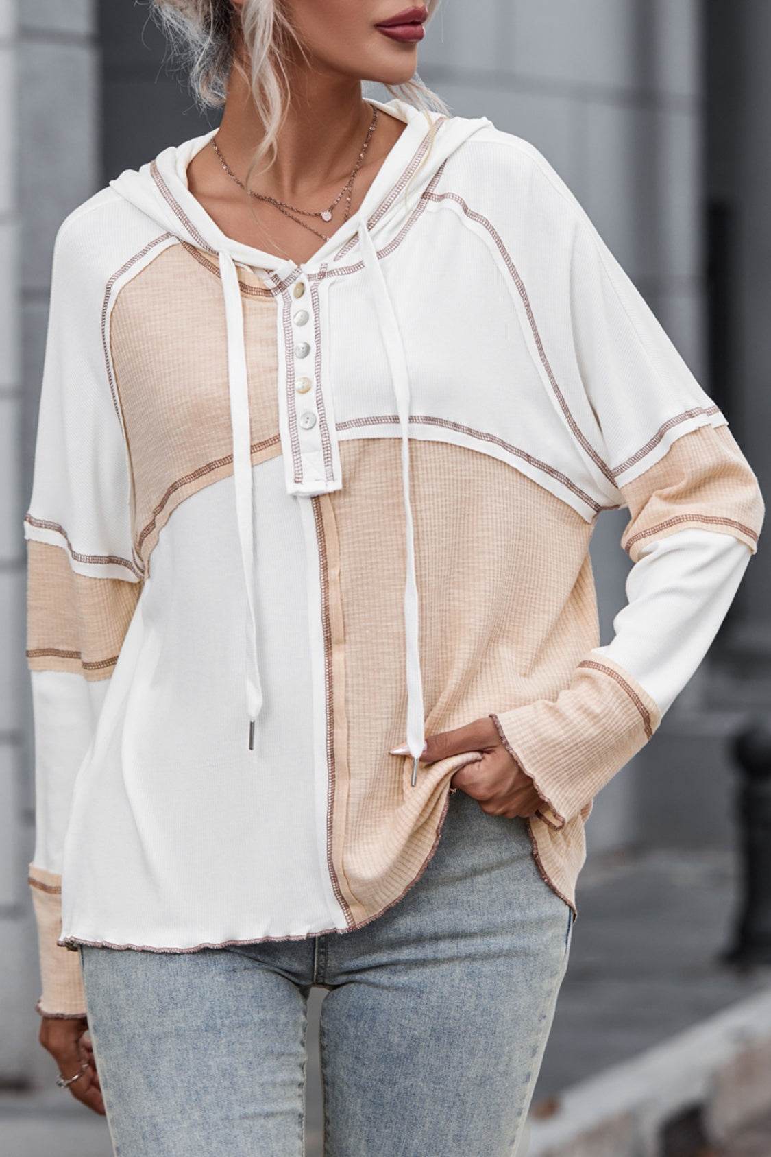 Multicolor Colorblock Ribbed Henley Hoodie - Fashions Envy