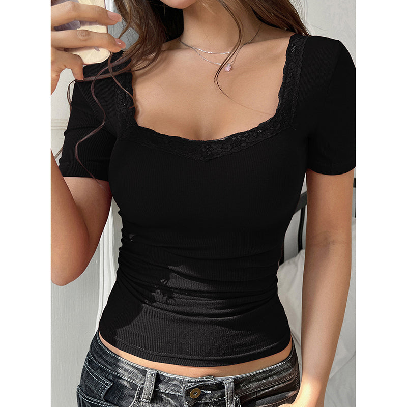 Women's Y2K Lace Trim Tee - Slim Fit U Neck Short Sleeve Top