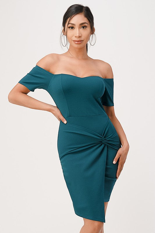 Off The Shoulder Sleeveless Front Twist Bodycon Mini Dress