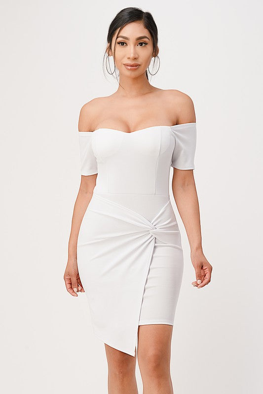 Off The Shoulder Sleeveless Front Twist Bodycon Mini Dress