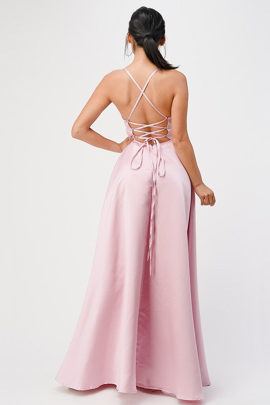 Sleeveless Zig-Zag Lace-Up Satin Gown