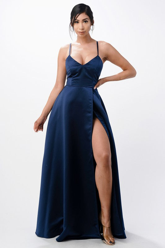 Sleeveless Zig-Zag Lace-Up Satin Gown