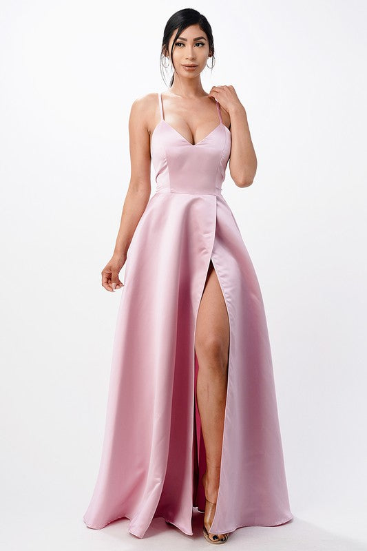 Sleeveless Zig-Zag Lace-Up Satin Gown