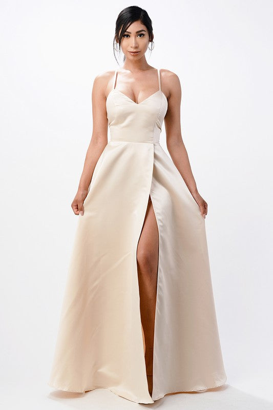 Sleeveless Zig-Zag Lace-Up Satin Gown