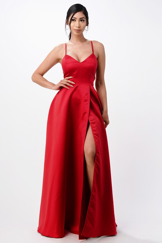 Sleeveless Zig-Zag Lace-Up Satin Gown