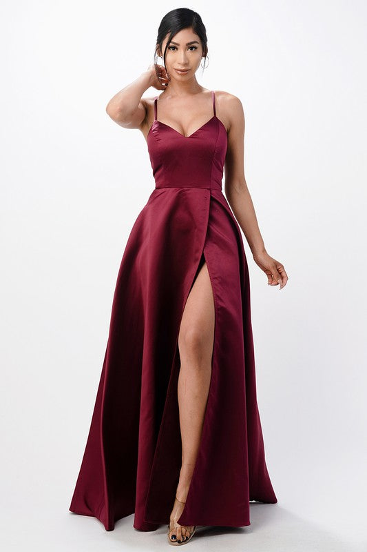 Sleeveless Zig-Zag Lace-Up Satin Gown