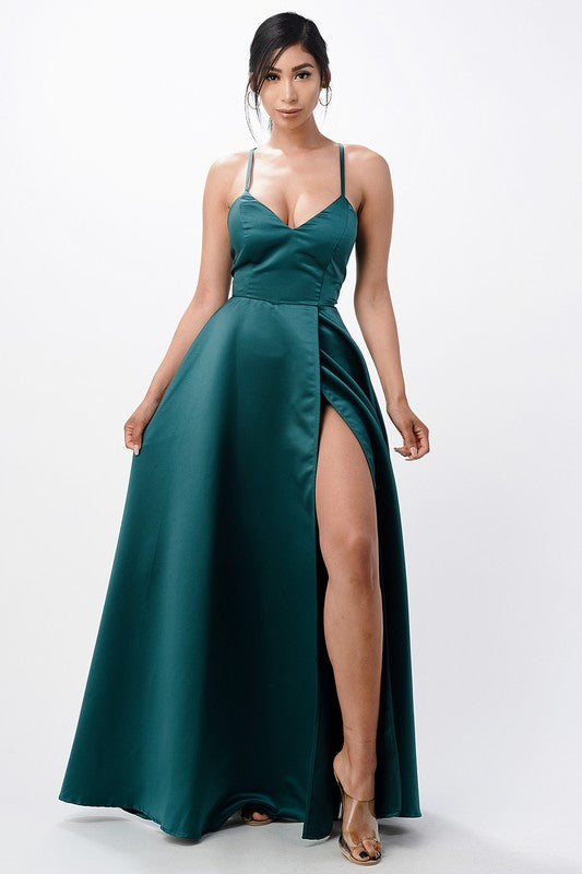 Sleeveless Zig-Zag Lace-Up Satin Gown