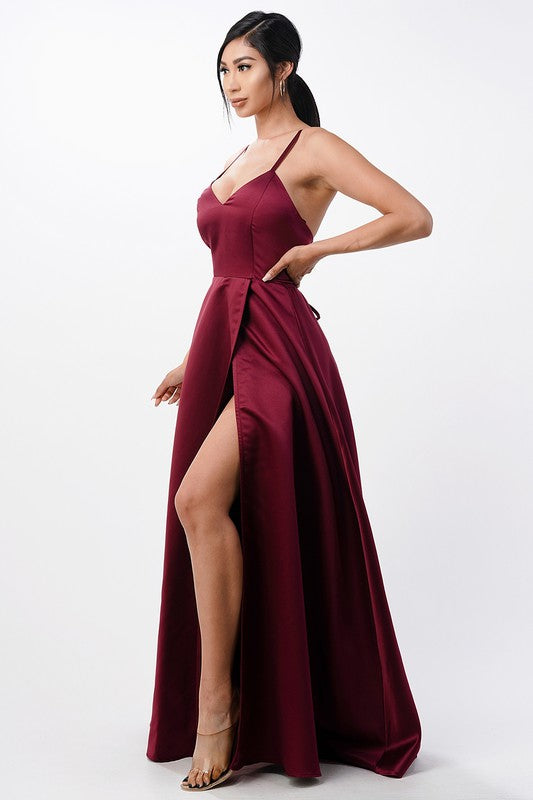 Sleeveless Zig-Zag Lace-Up Satin Gown
