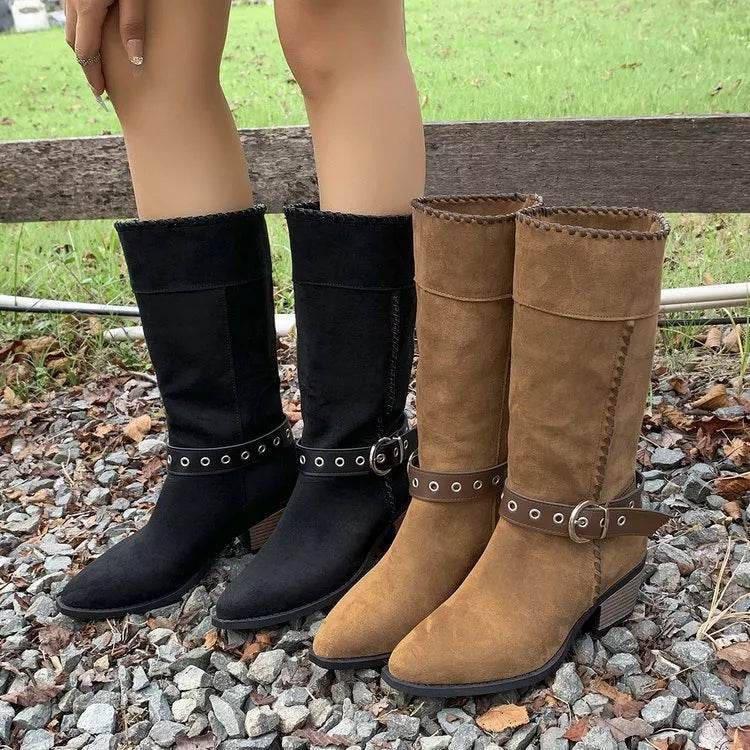 Point Toe Block Heels Boots - Mid Heel Ankle Boots - Fashions Envy