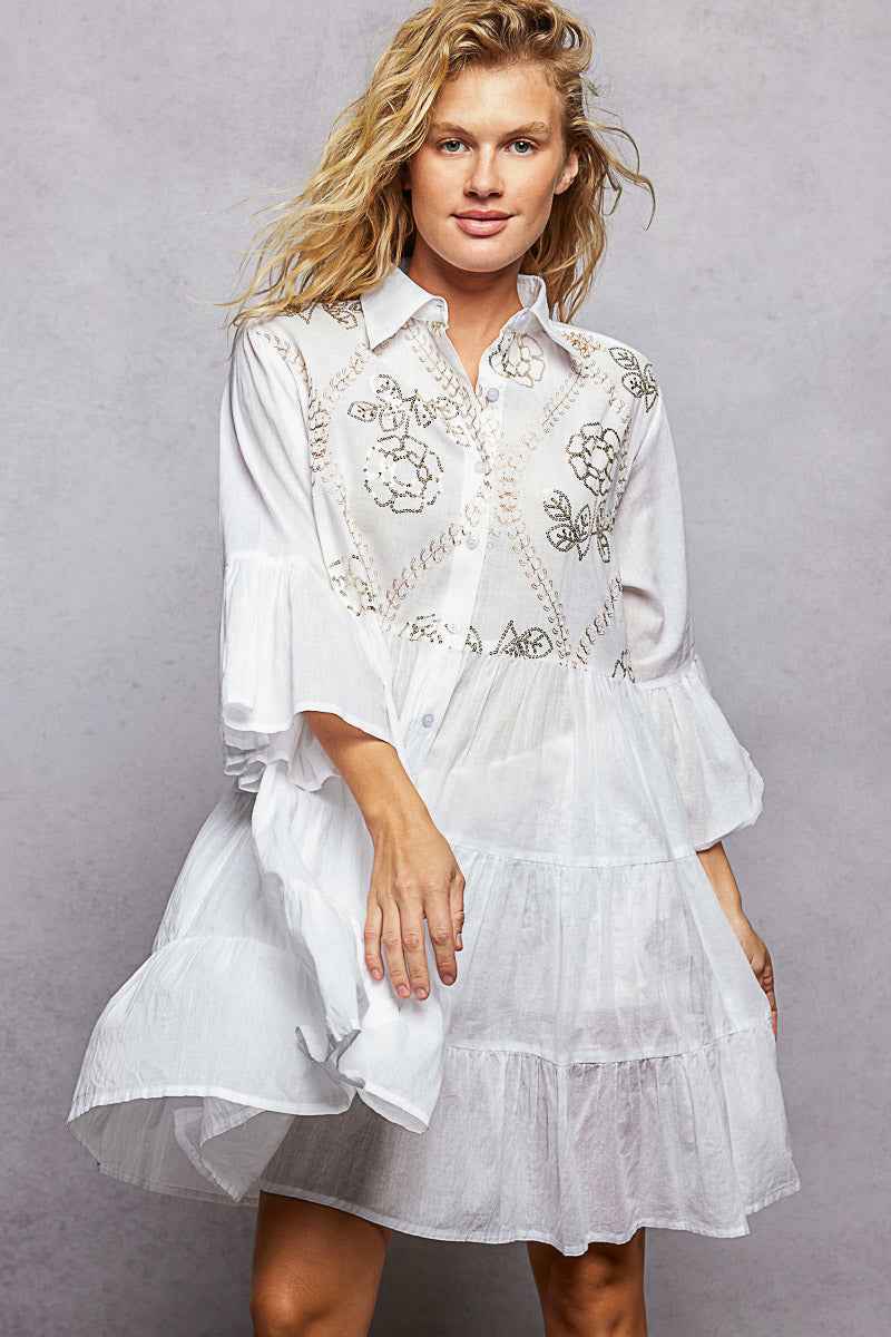 POL Floral Sequin Embroidered Mini Tiered Shirt Dress
