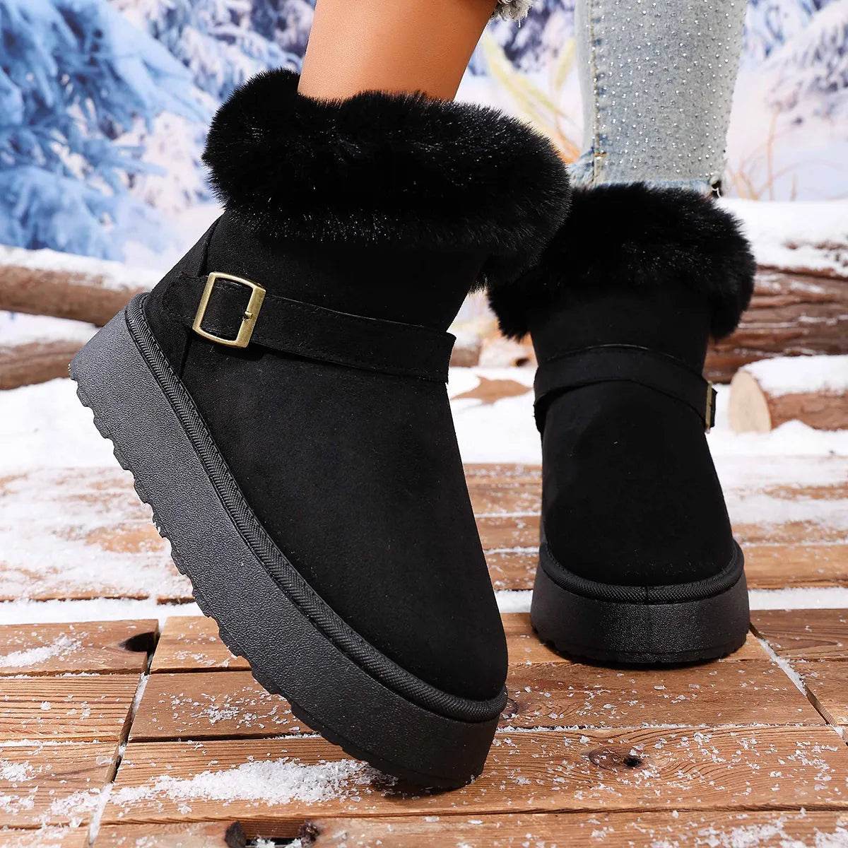 Cozy Round Toe Platform Boots with Fluff Lining - Fashions Envy
