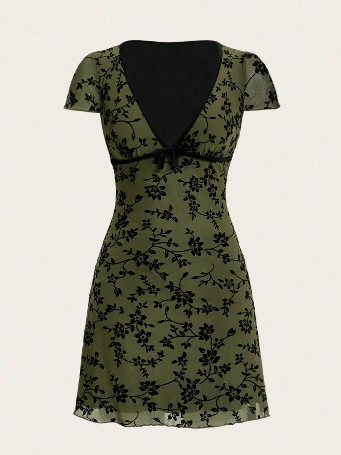 Printed V-Neck Short Sleeve Mini Dress - Cute Bow Detail Summer Dress - Fashions Envy