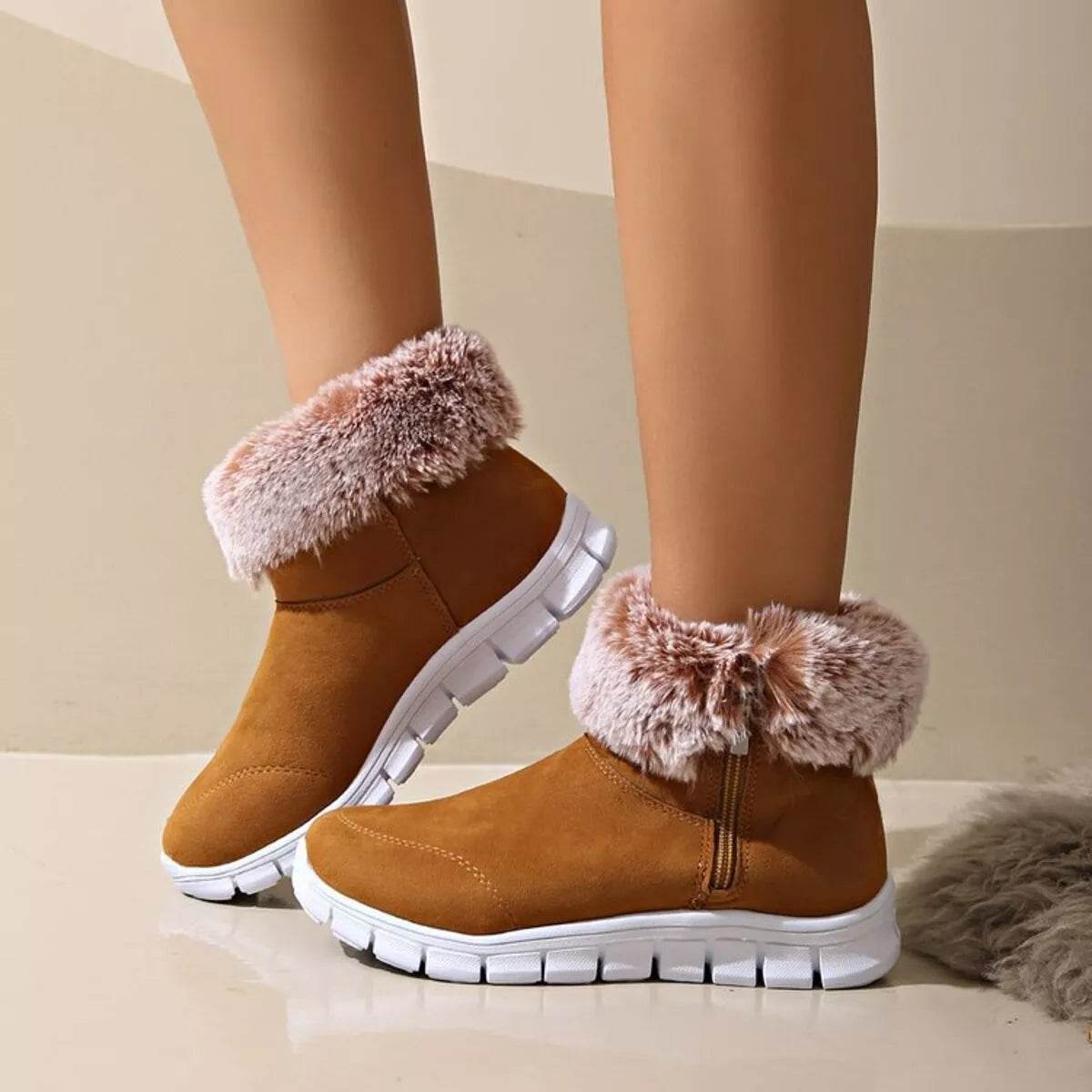 Side Zip Faux Fur Boots - Cozy Low Heel Winter Boots - Fashions Envy