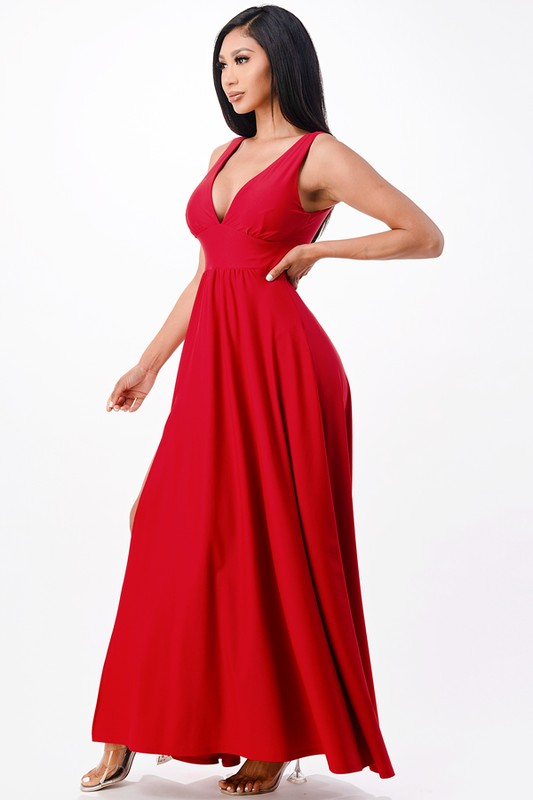 Dull Tricot Deep-V Neck A line Maxi Dress