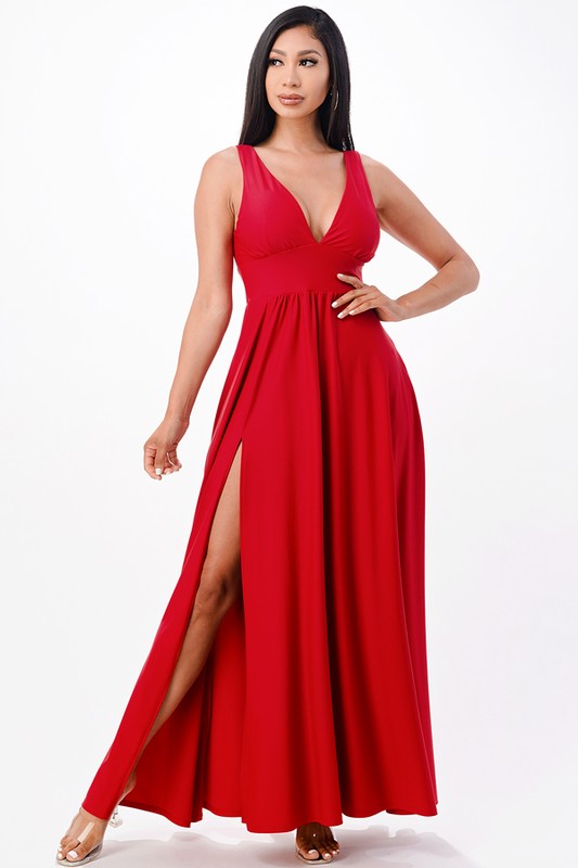 Dull Tricot Deep-V Neck A line Maxi Dress