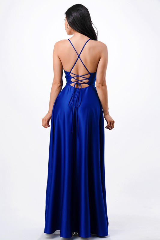Sleeveless Zig-Zag Lace-Up Satin Gown