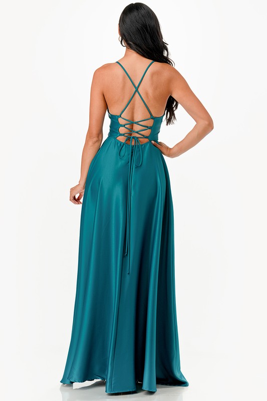 Sleeveless Zig-Zag Lace-Up Satin Gown