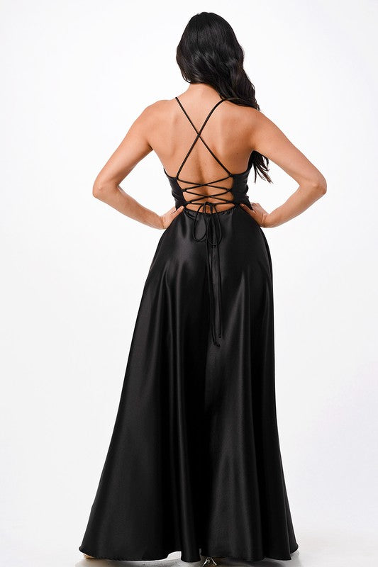 Sleeveless Zig-Zag Lace-Up Satin Gown