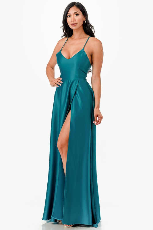 Sleeveless Zig-Zag Lace-Up Satin Gown