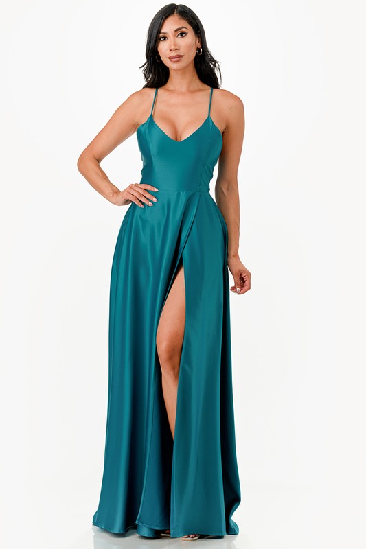 Sleeveless Zig-Zag Lace-Up Satin Gown
