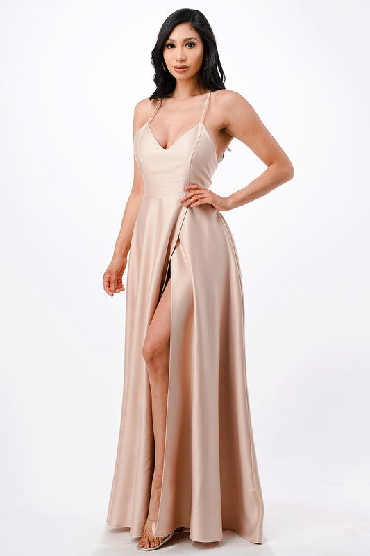 Sleeveless Zig-Zag Lace-Up Satin Gown