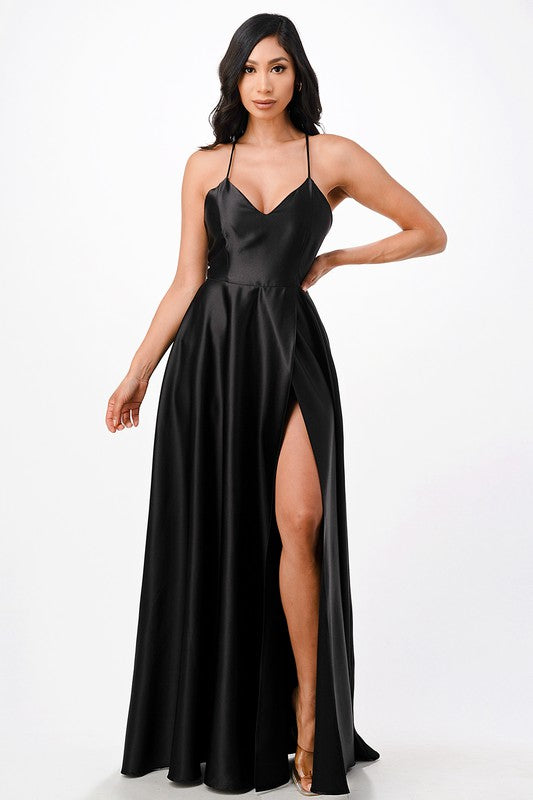 Sleeveless Zig-Zag Lace-Up Satin Gown