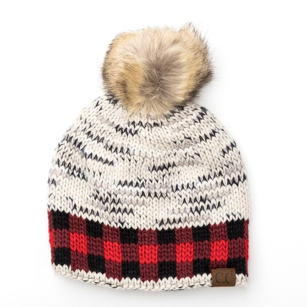 Heathered Knit CC Buffalo Print Pom Beanie