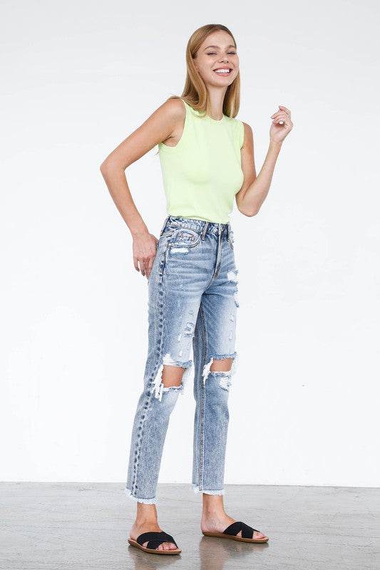 High Rise Straight Jeans - Light Wash Cropped Denim - Fashions Envy
