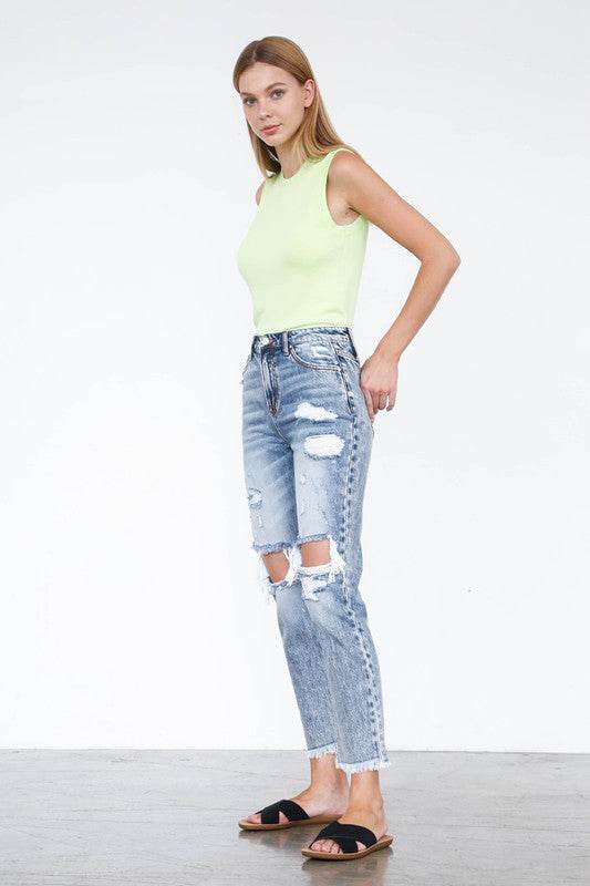 High Rise Straight Jeans - Light Wash Cropped Denim - Fashions Envy