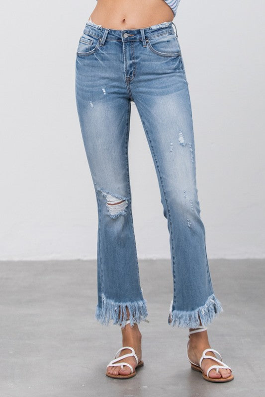 Frayed Hem Flare Leg Medium Wash Denim Jeans