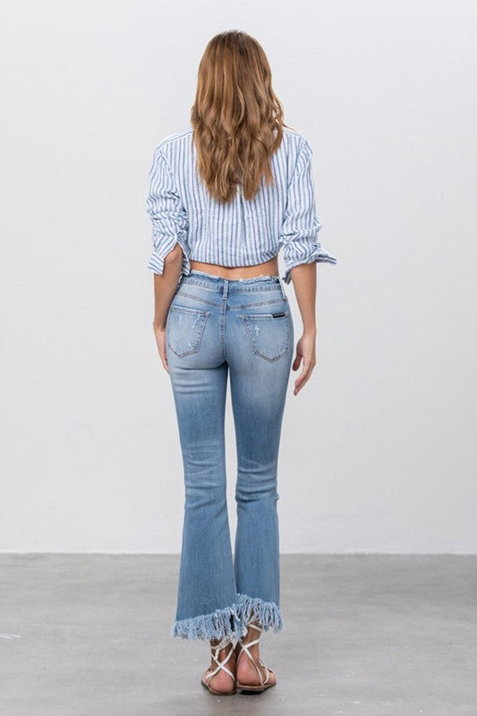 Frayed Hem Flare Leg Medium Wash Denim Jeans