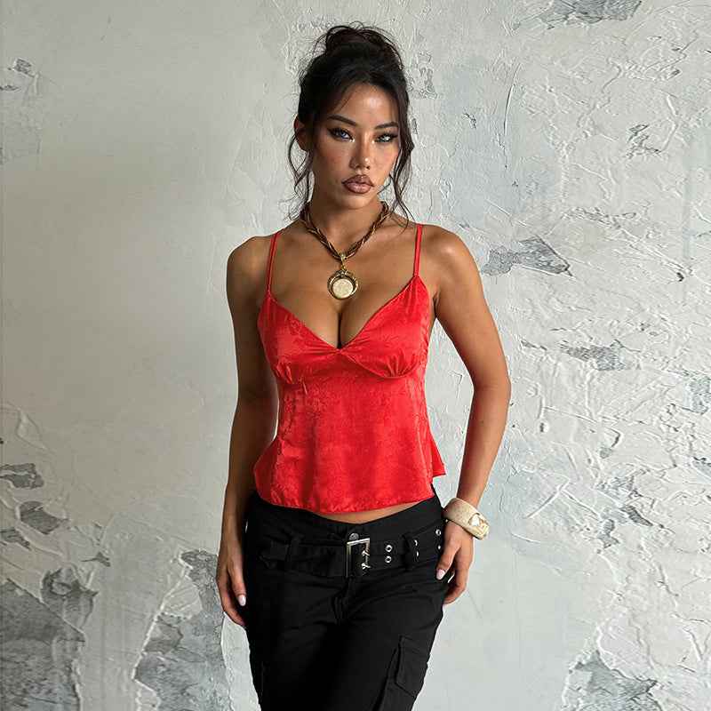 Satin Jacquard Slip Cami Top - V-Neck Loose Fit