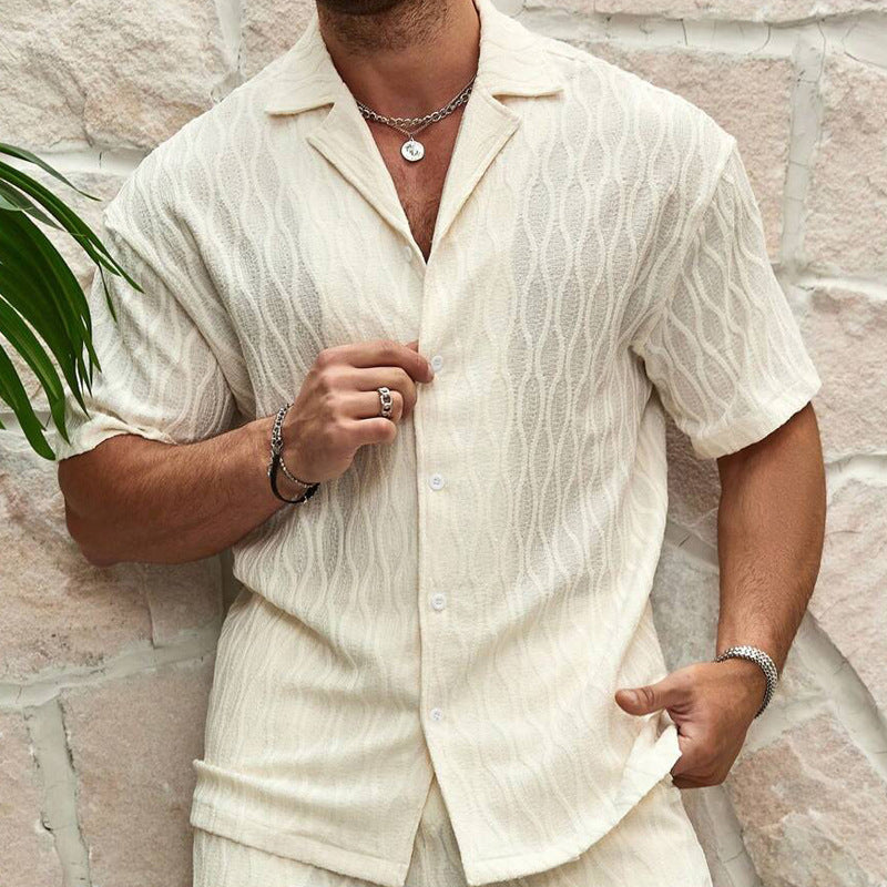 Men's Summer Fashion Solid Loose Casual Two Pieces Lapel Button Shirt Shorts Set