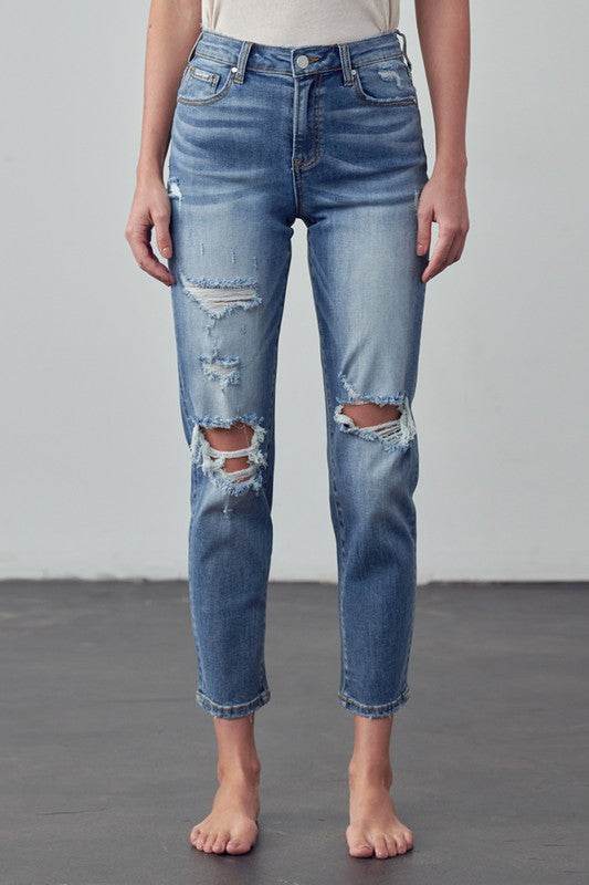 High-Rise Cropped Girlfriend Jeans with Ripped Details - Fashions Envy