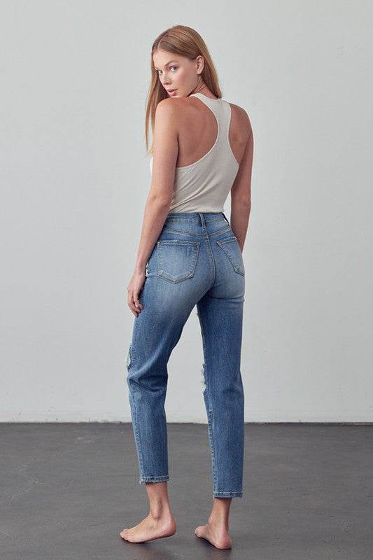 High-Rise Cropped Girlfriend Jeans with Ripped Details - Fashions Envy