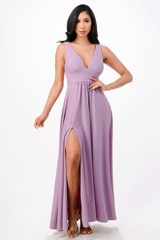 Dull Tricot Deep-V Neck A line Maxi Dress
