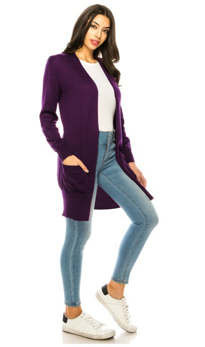 Solid Knit Long Cardigan Sweater with Pockets